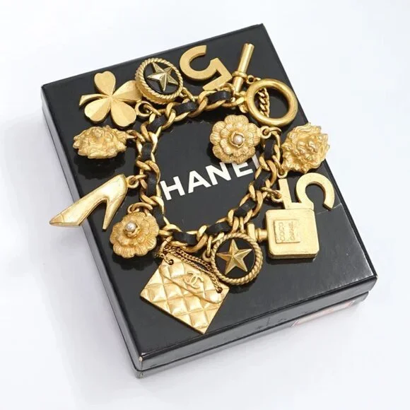 CHANEL No.5 Multi Charm Leather Chain Bracelet 7.3" Gold Tone 94P Auth w/Box - Picture 6 of 6